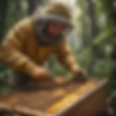 A professional beekeeper safely removing a bee hive.